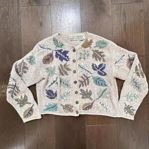 Vintage Hand Knitted Cardigan Sweater Leaf Pattern Button Up Women's Size Small